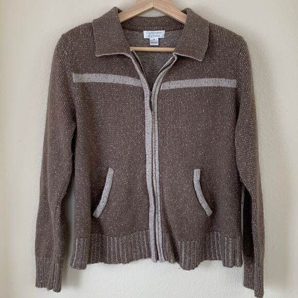 Brown cardigan Sweater‎ Vintage silk angora brown zip up ribbed knit fall medium - Picture 1 of 8